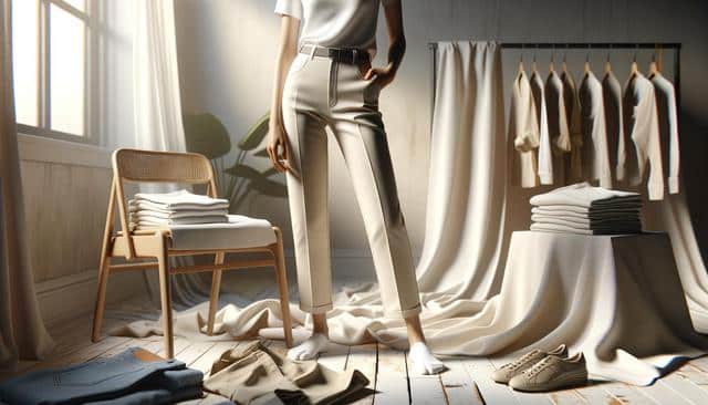 A person in light-colored trousers and white socks stands in a sunlit room with stacked clothes, a chair, and hanging garments.