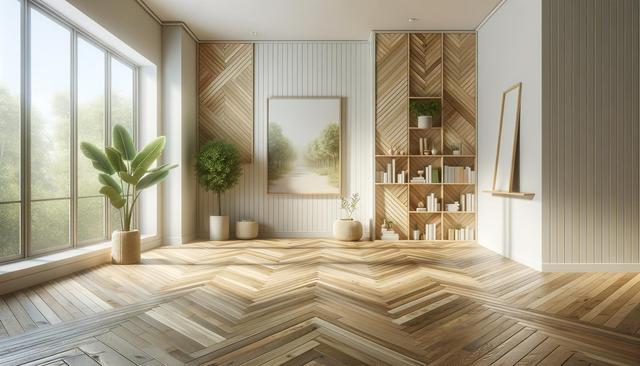 A bright room with large windows, chevron-patterned wood floors, potted plants, a bookshelf, and a framed landscape painting.