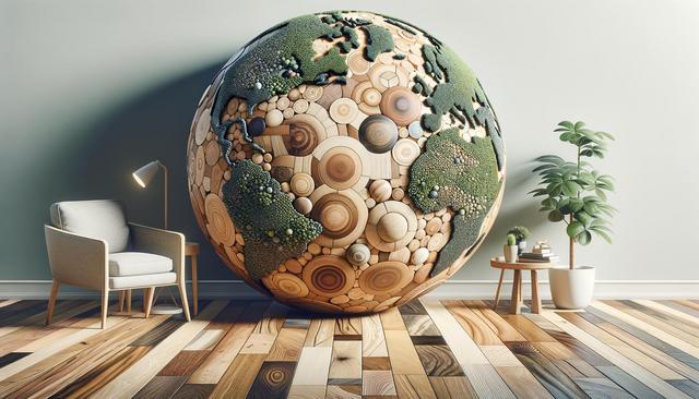 A globe made of wooden discs and green moss textures stands next to a chair, lamp, and plant on a wooden floor.