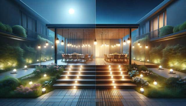 An outdoor dining area at night, split between cool and warm lighting, with hanging lights and plants surrounding a wooden deck.