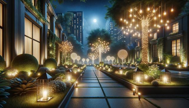 Elegant garden walkway at night, lit with glowing trees and lanterns, skyscrapers in background.