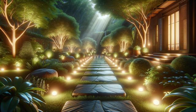 A serene garden path with glowing round lights, surrounded by lush trees and bushes, leading to a warmly lit building.
