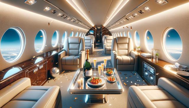 Luxurious private jet interior with cream leather seats, champagne, and appetizers, set against a backdrop of bright blue sky seen through oval windows.