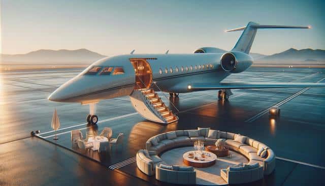 A luxurious private jet with open stairway, surrounded by elegant outdoor seating and table setup on a sunlit airport tarmac.