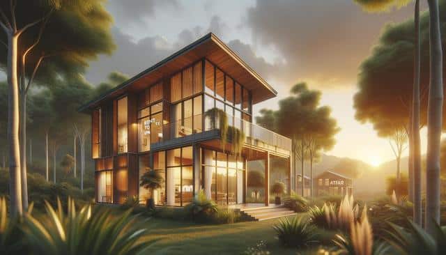 Modern two-story house with glass walls, surrounded by lush greenery and trees, at sunset.