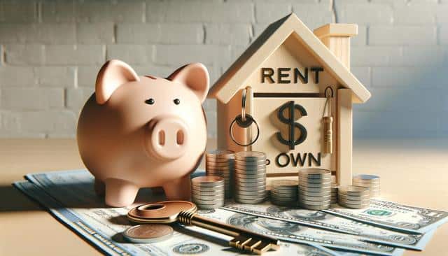 Piggy bank, house model labeled "Rent" and "Own," stack of coins, dollar bills, and a key.