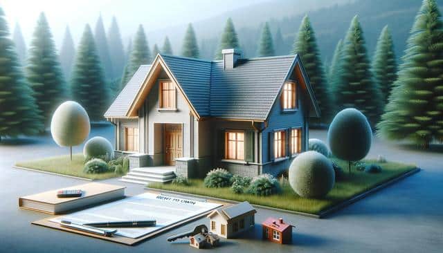 Cozy house in a forest, surrounded by trees; documents and miniature houses in the foreground.