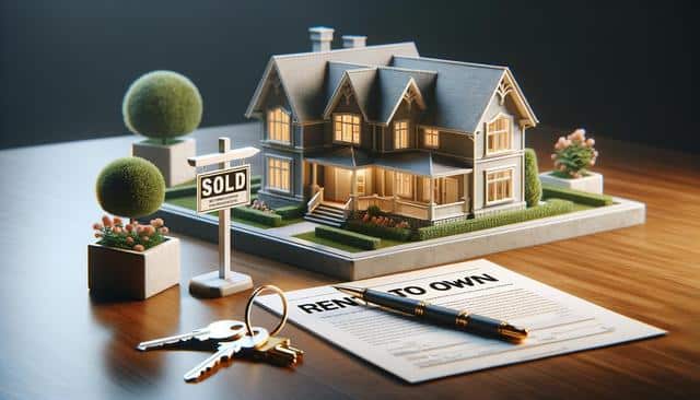 Miniature house model with a "Sold" sign, keys, and rental agreement on a table.