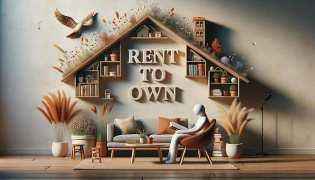 A cozy room with a figure reading, surrounded by plants and shelves in the shape of a house; large text says "Rent to Own."