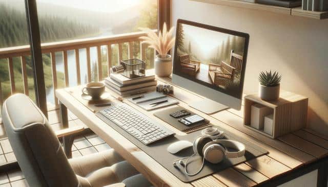 A cozy workspace with a computer, books, coffee, and a scenic view of trees and water outside.