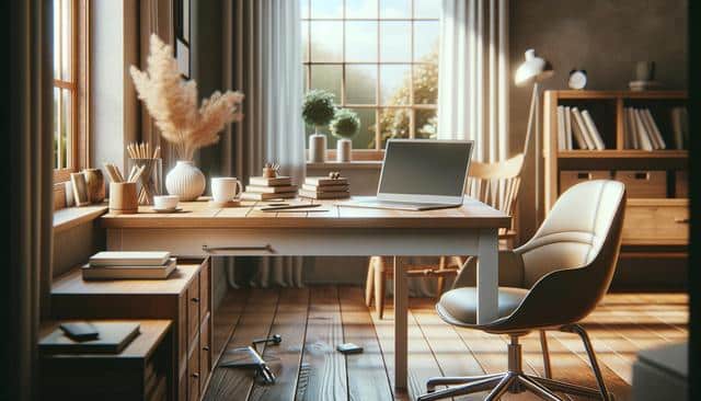 Sunlit home office with a laptop, books, and decorative plants on a wooden desk, surrounded by shelves and a cozy chair.