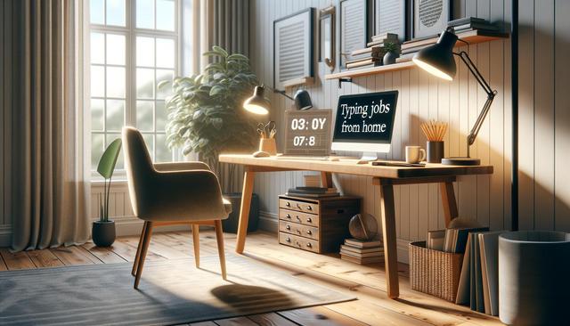 Cozy home office with wooden desk, chair, computer, and a large window.